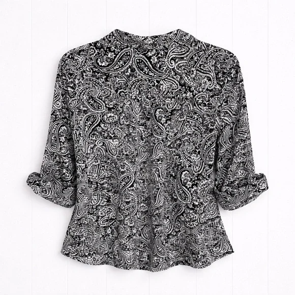 NY Collection Black & White Paisley Blouse | Size XL | Roll-Tab Sleeves - Picture 5 of 9